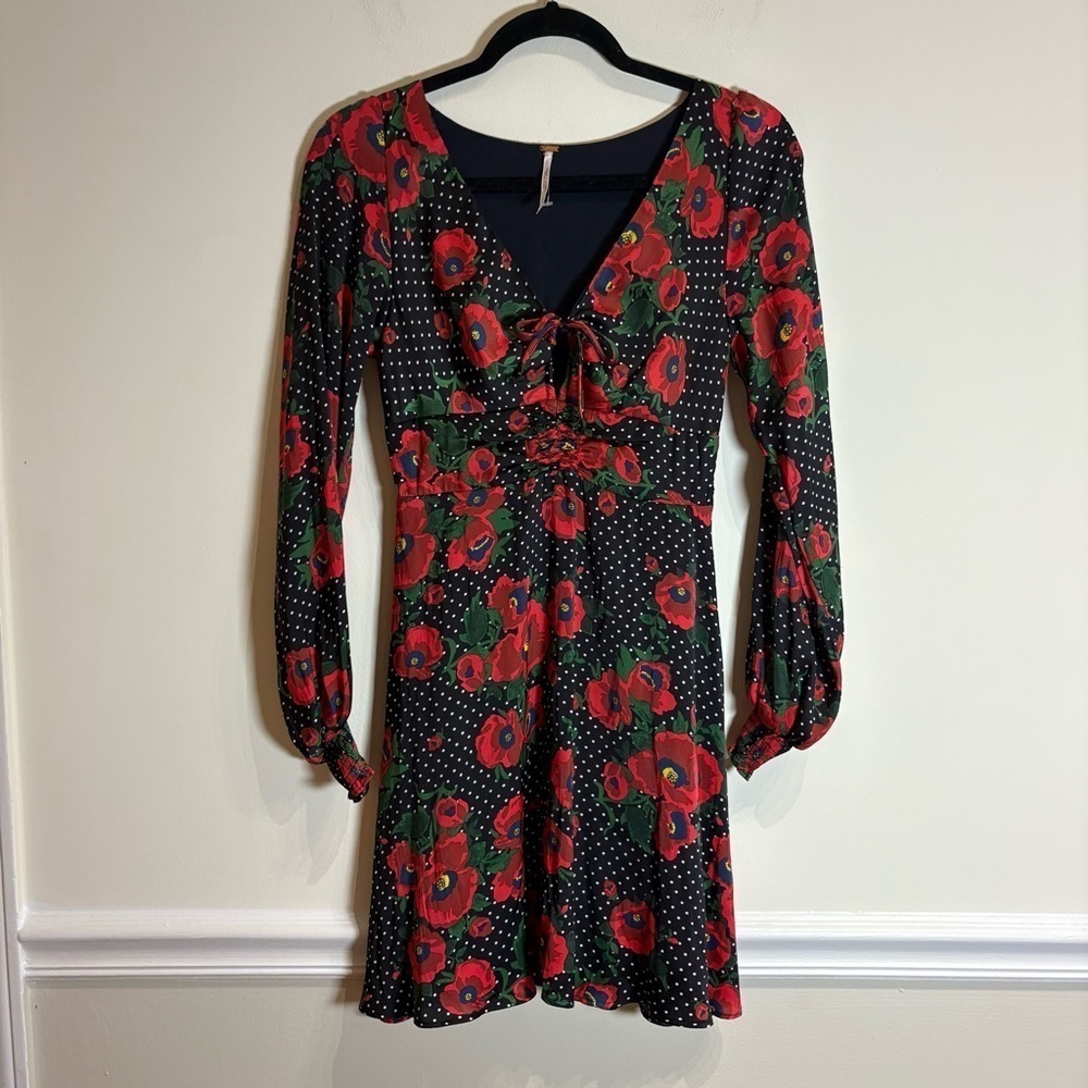 FREE PEOPLE Morning Light Mini Dress Black Polka Dot Red Poppy Floral 2 - Picture 5 of 9